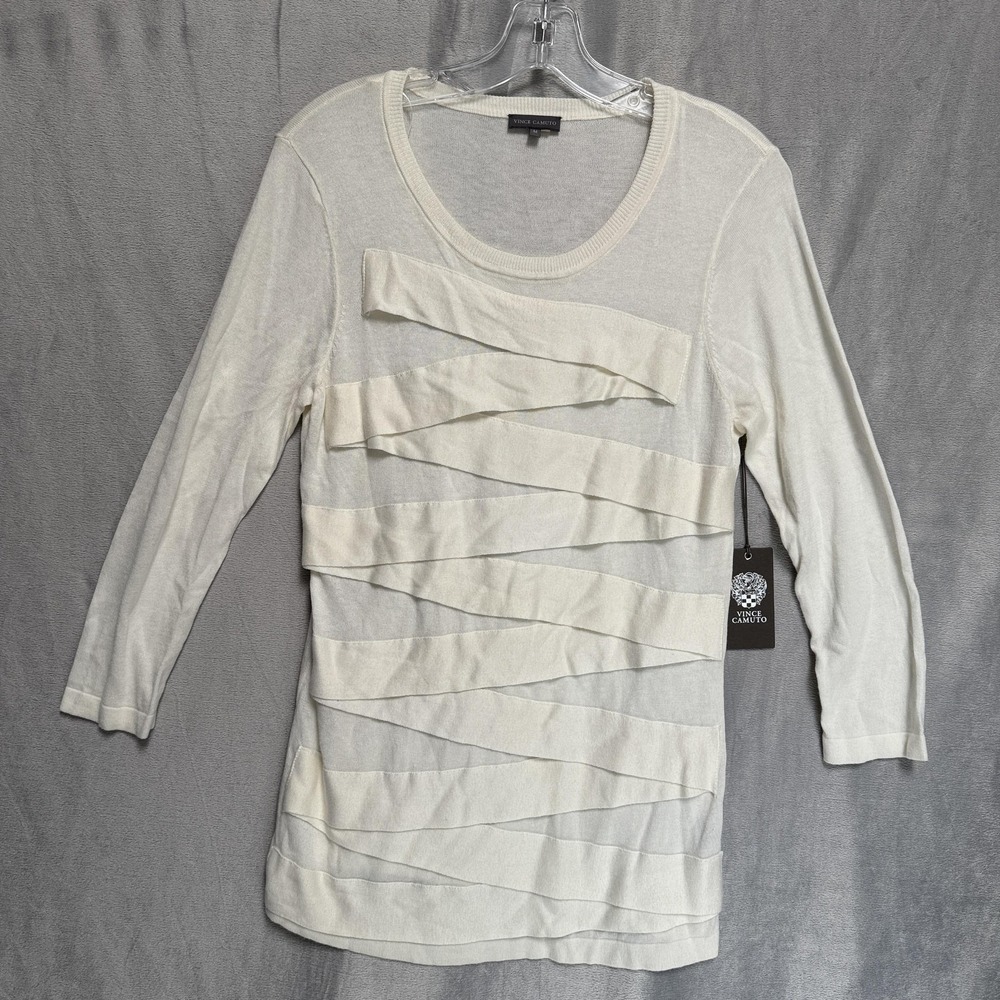 Vince Camuto Sweater Womens Medium Ivory Pleated 3/4 Sleeve Knit Scoop 9155254